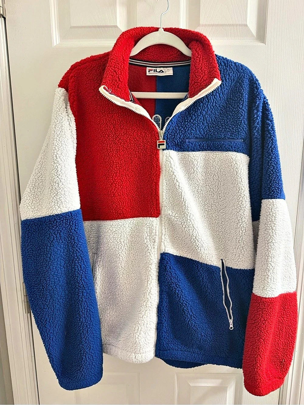 Y2K Fila Color Block Sherpa Fleece Jacket Red Blue White Size L